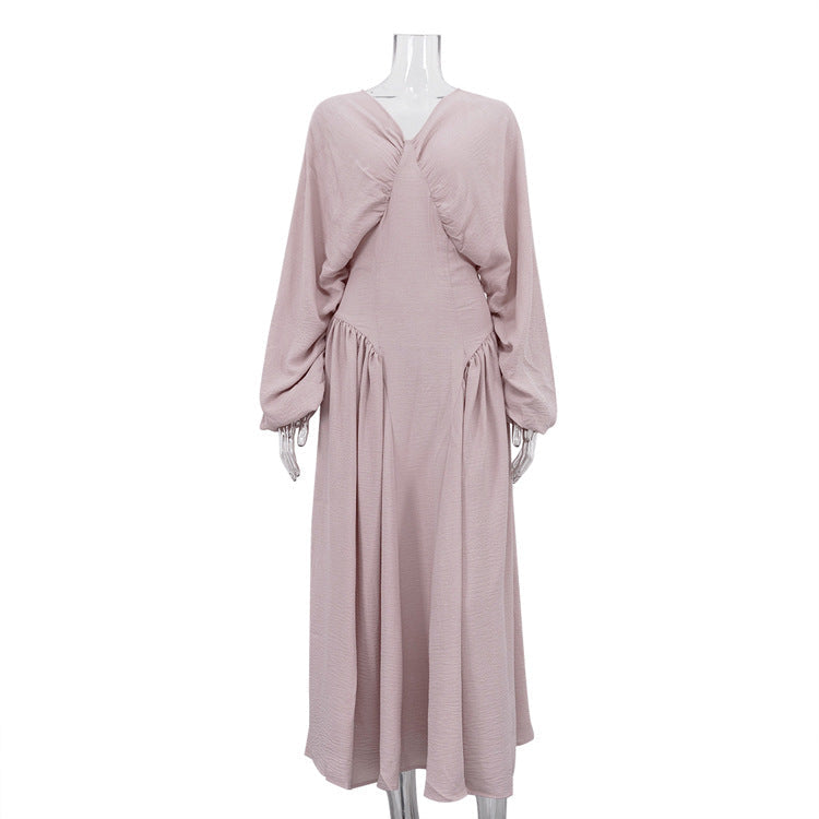 Pleated Design Elegant Dress Women V neck Batwing Sleeve High Waist Sheath Dress by Ragazza