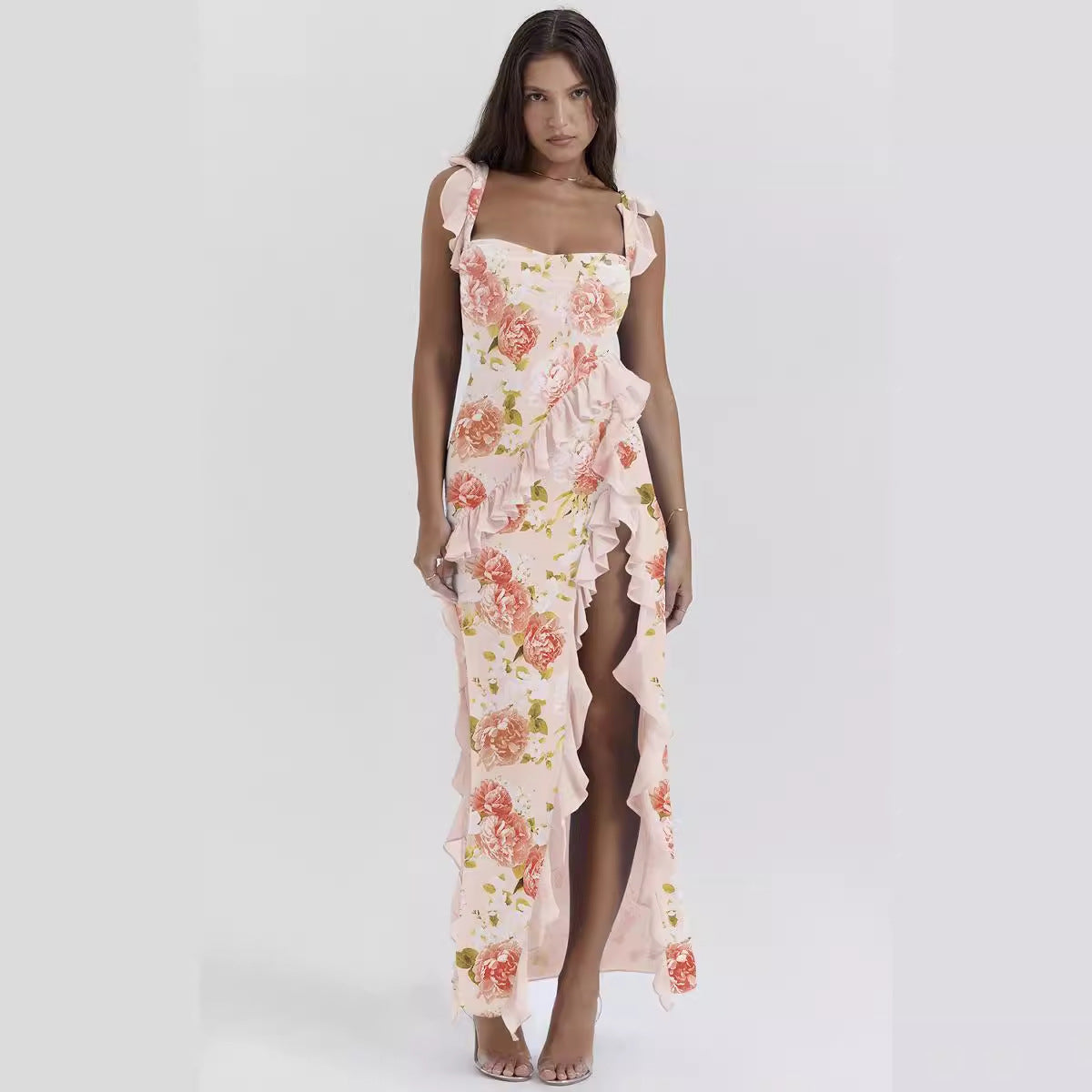 Summer French Strap Wooden Ear Sexy Split Printing Dress by Ragazza