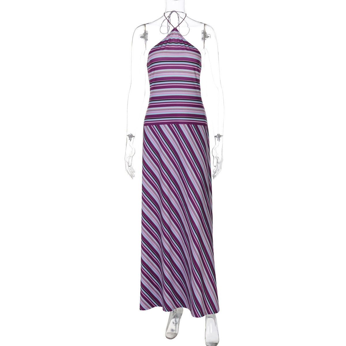 Women Clothing Summer Printed Striped Contrast Color Backless Slender Loose Sexy Dress by Ragazza