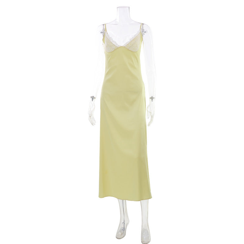 Summer Elegant Sweet Women Clothing Cream Yellow Lace Edge Slim Fit Elegant Slimming Cami Dress Satin Texture DestGlow