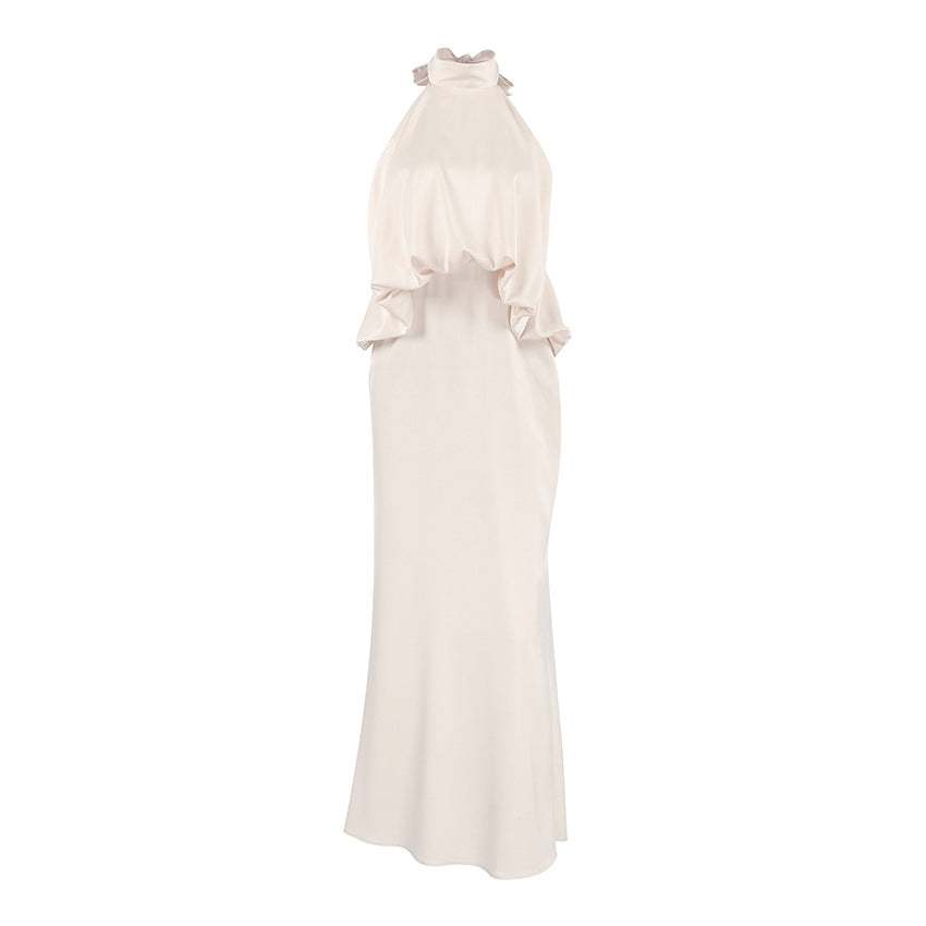 Satin Light Luxury Design Apricot Halter Lace up Backless Slim Fit Sleeveless Women Summer Dress DestGlow