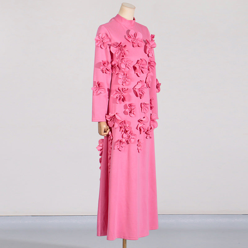 French Floral Stitching Dress Summer High Grade Vacation Stand Collar Long Sleeve Three Dimensional Long Dress by Ragazza
