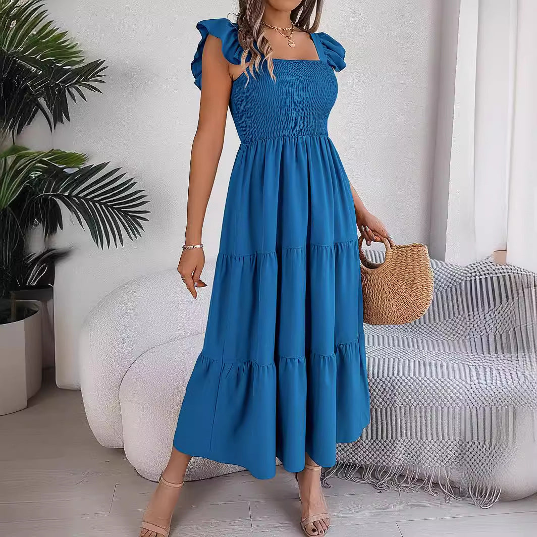 Summer Solid Color Square Collar Wooden Ear Waist A line Dress Women Clothing by Ragazza