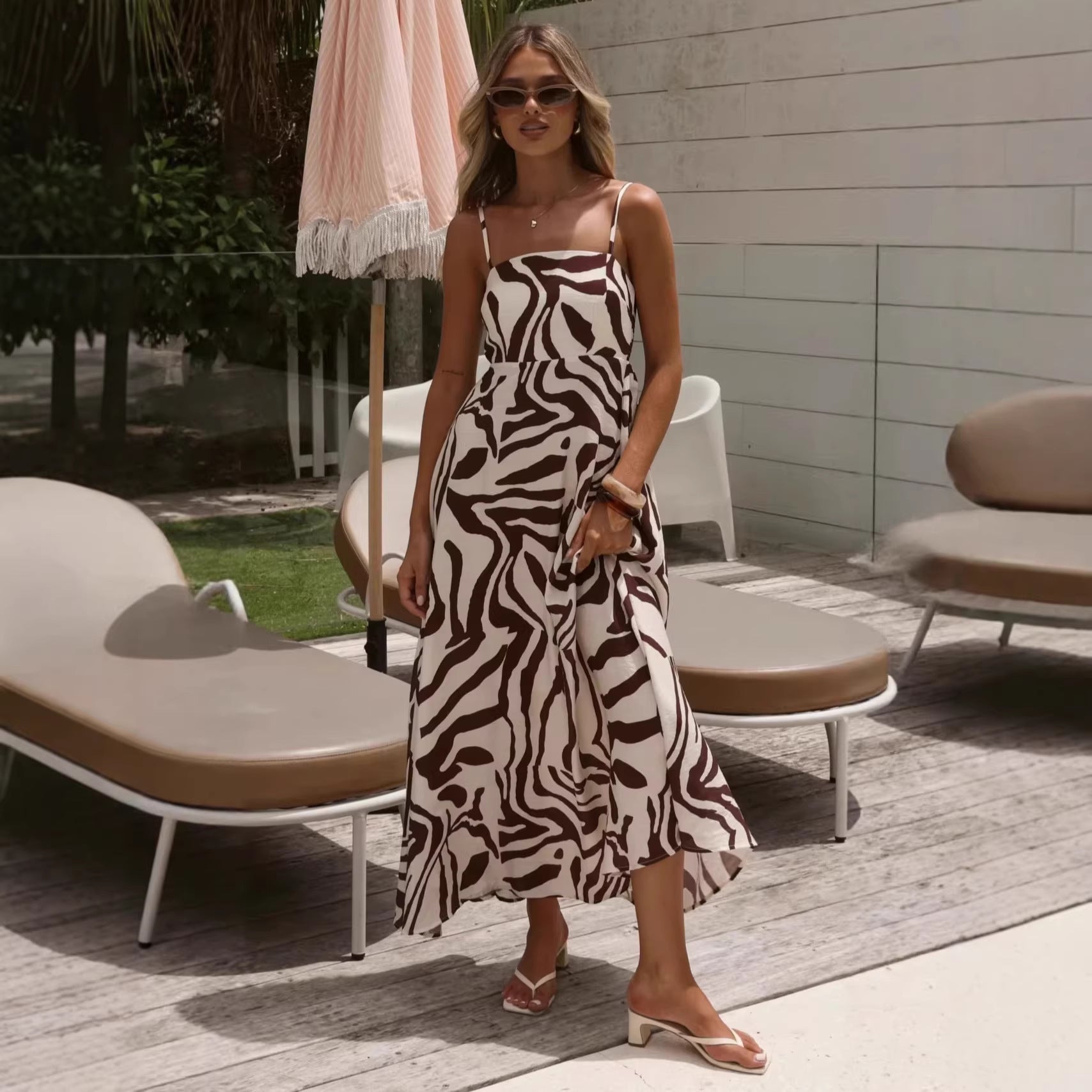 Suspender Dress Zebra Prints French High Waist Vacation Dress Women Dress DestGlow