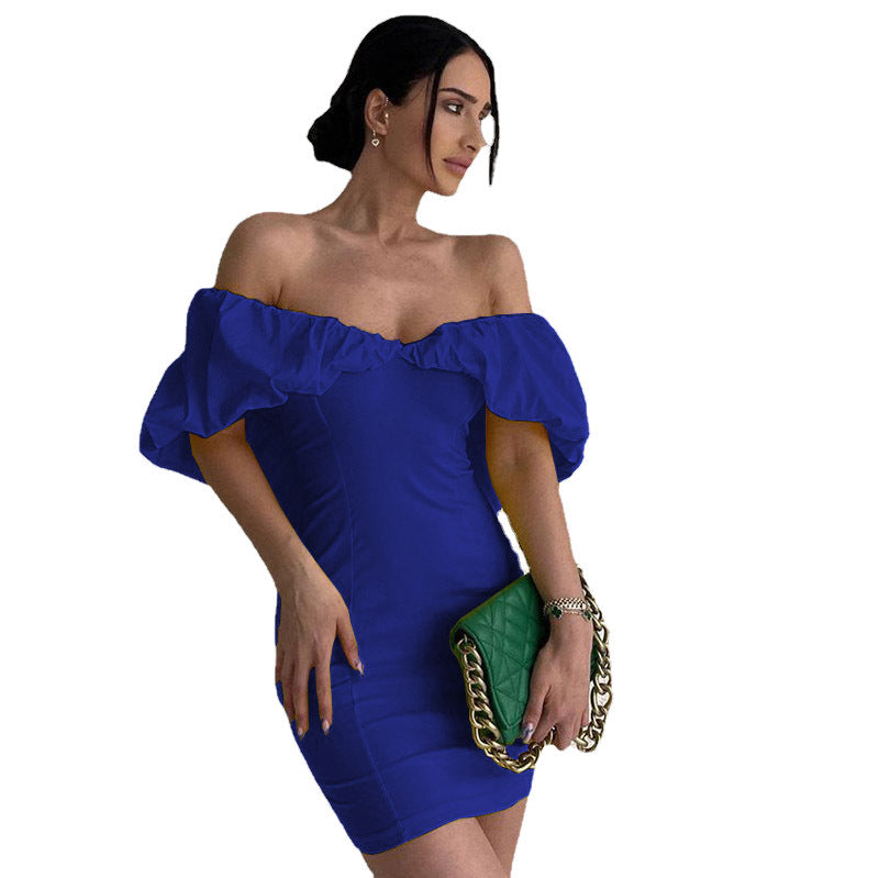 Spring Casual Vacation Tight Waist Slimming Sense Design Pleated Off Shoulder Hip Bag Dress by Ragazza