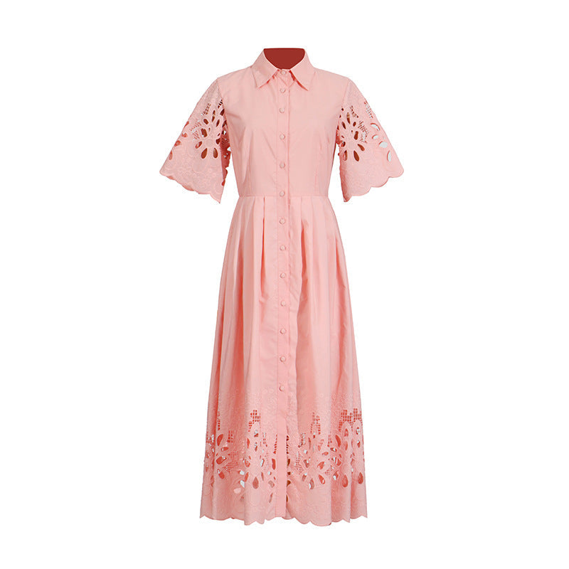 Personalized Embroidered Retro Dress Summer Polo Collar Half Sleeve Hollow Out Cutout Single Breasted Dress by Ragazza