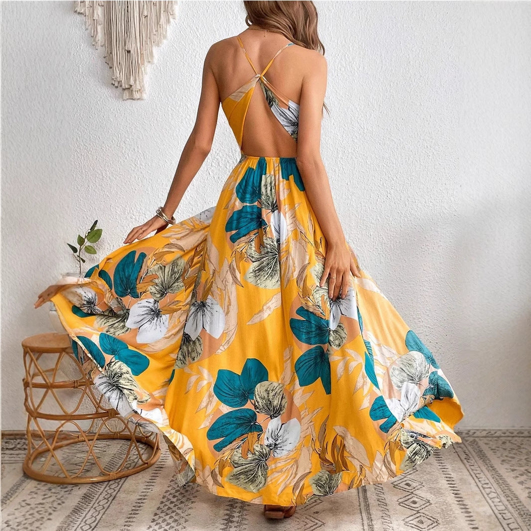 Real Shot Tropical Printing Thigh Fork Sling Dress by Ragazza