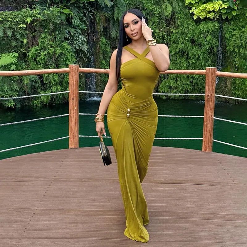 Autumn Winter Women Clothing Cross Halter Solid Color Pleated Waist Tight Slimming Fishtail Dress
