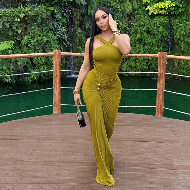 Autumn Winter Women Clothing Cross Halter Solid Color Pleated Waist Tight Slimming Fishtail Dress by Ragazza