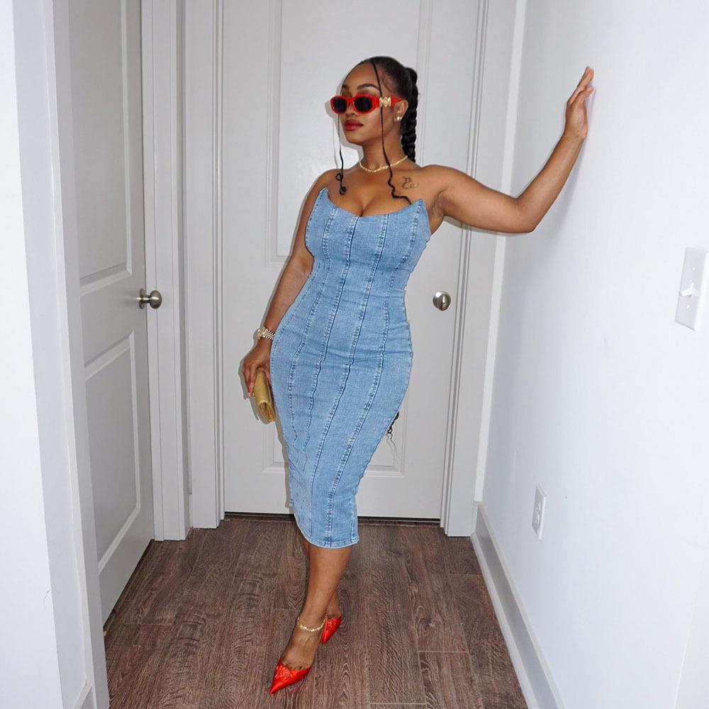 Women Clothing Sexy Slim Fit Stitching Tube Top Denim Dress for Women by Ragazza