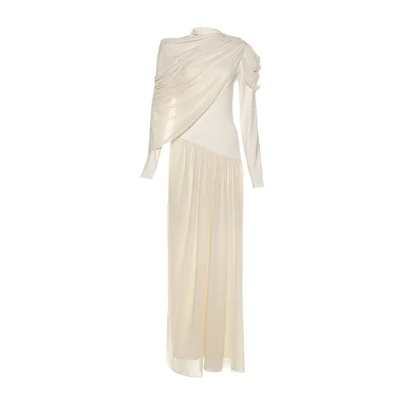 Autumn Winter Women Clothing Elegant Slim Solid Color round Neck Waist Trimming Pleated Long Sleeve Dress for Women