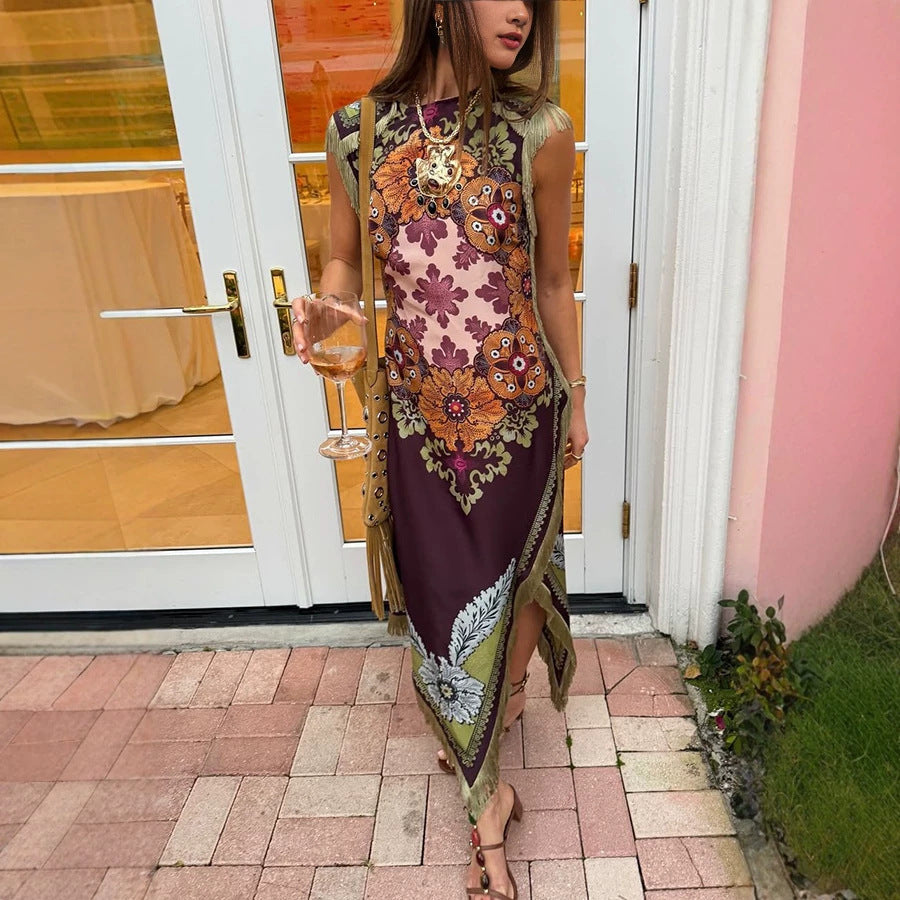 Tassel Positioning Printed Dress Satin Sleeveless Holiday Dress DestGlow