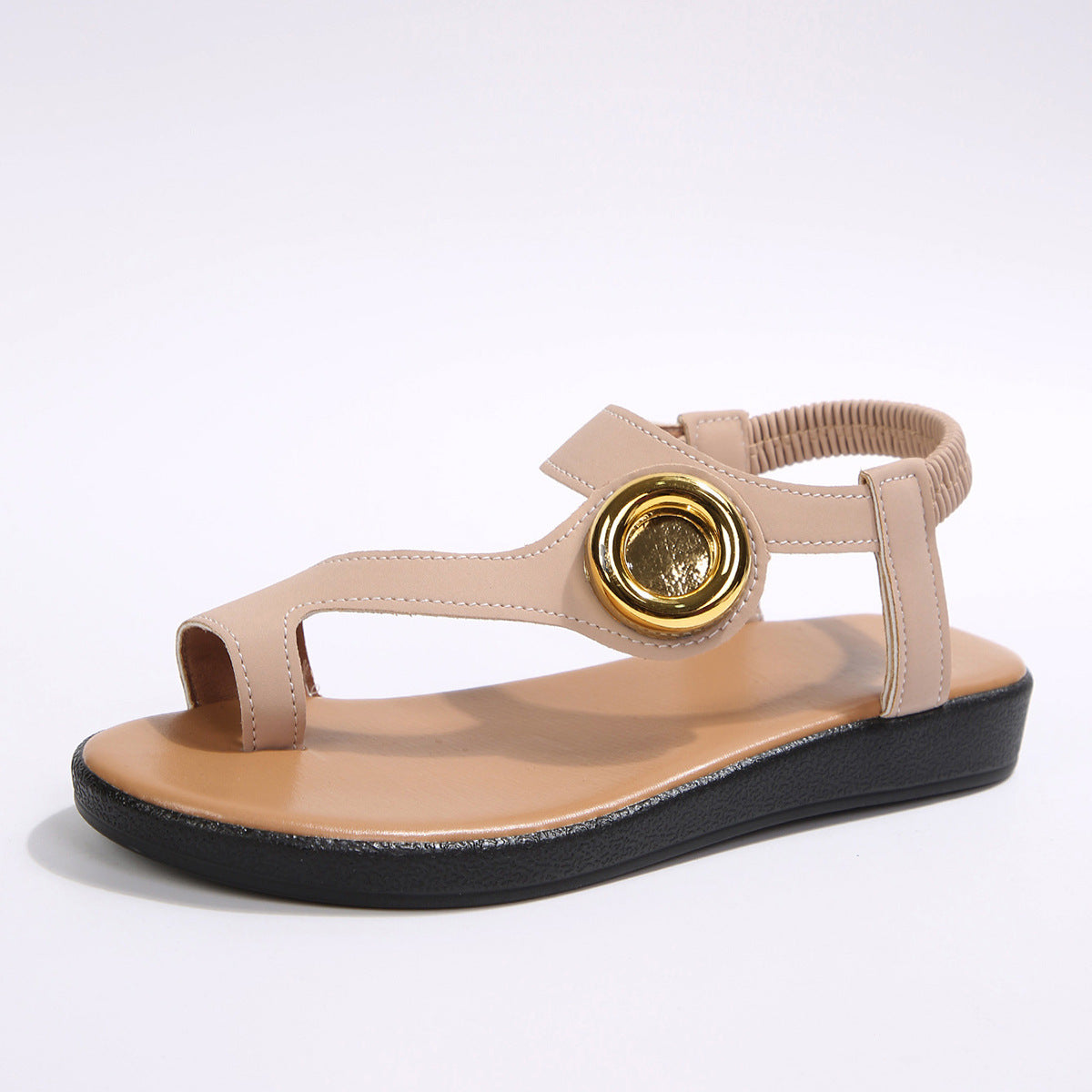 Toe Covering Metal Buckle Flat Sandals Women Elastic Band Casual Open Toe Beach Slippers DestGlow