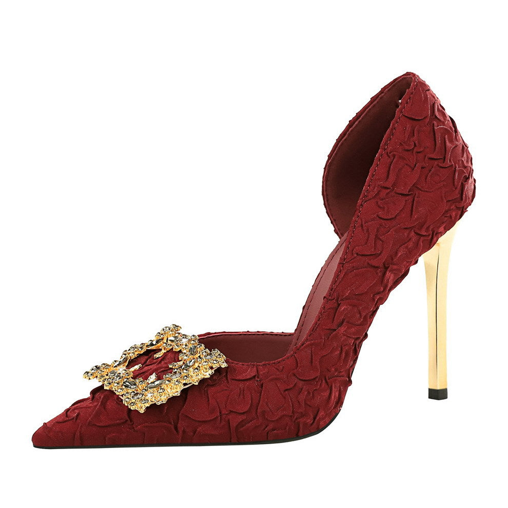 French Rhinestone Square Buckle Side Hollow Out Cutout Slip on Super High Heel Satin Gentle Elegant Stiletto Wedding Shoes DestGlow