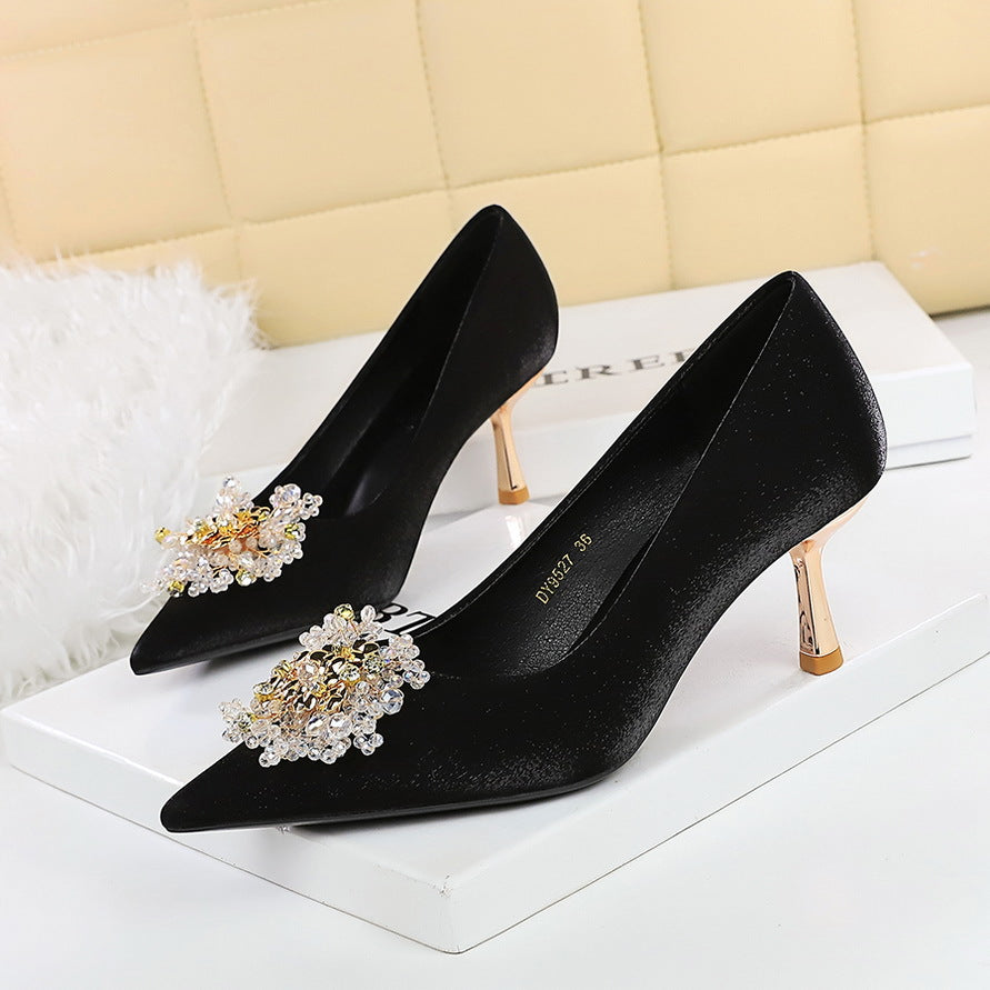 French Metal High Heel Women Shoes Rhinestone Floral Decoration Pointed Toe Satin Stiletto Heel Pumps Women DestGlow