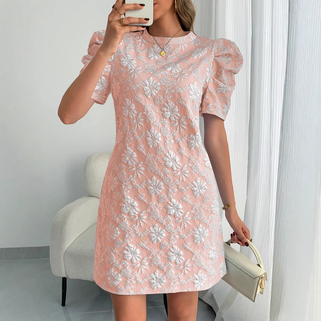 Summer Women Bubble Sleeve Texture Jacquard round Neck Retro Dress by Ragazza