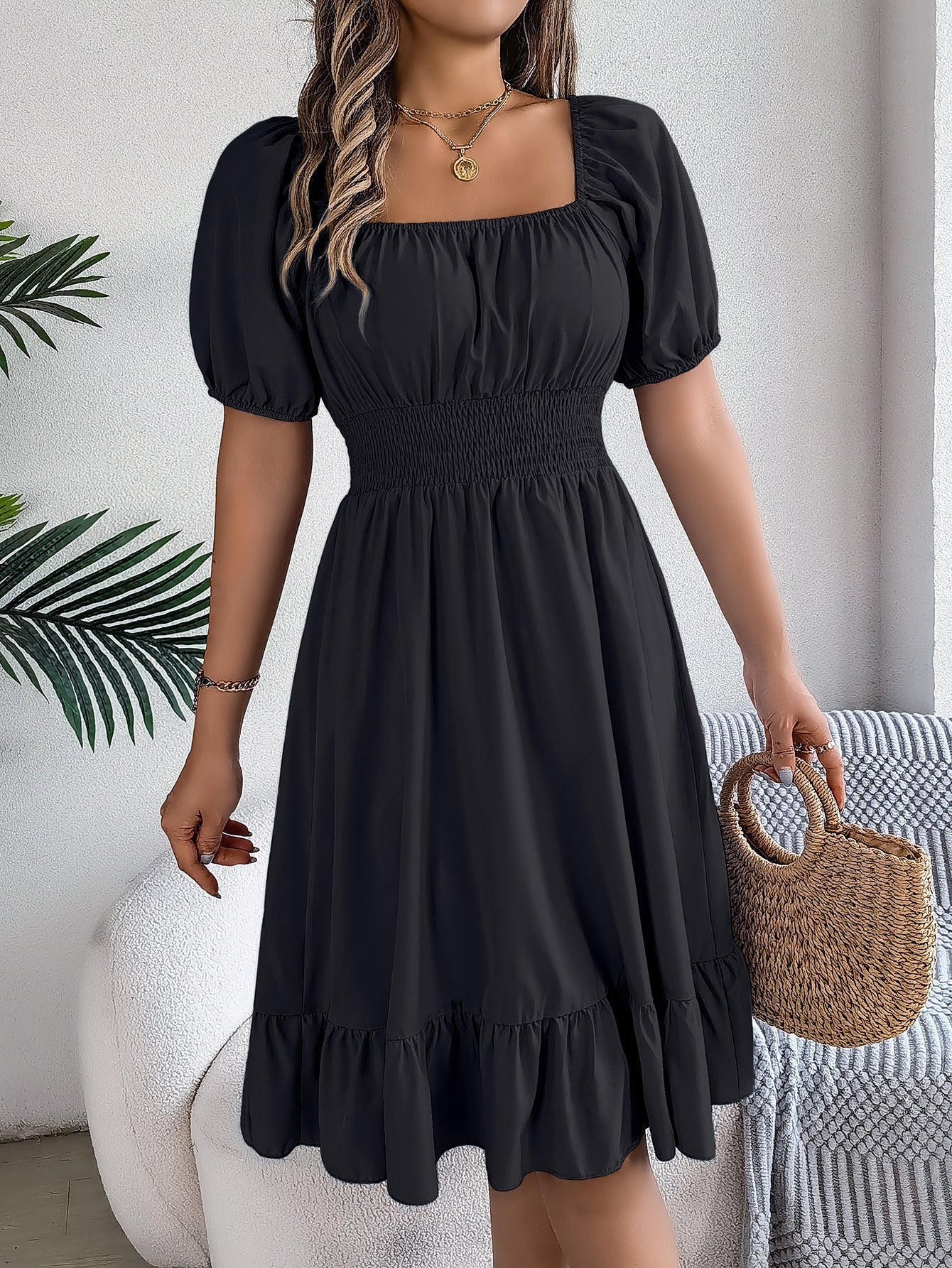 Spring Summer Casual Square Collar Short Sleeve Waist Trimming Ruffles A line Dress Women Clothing by Ragazza