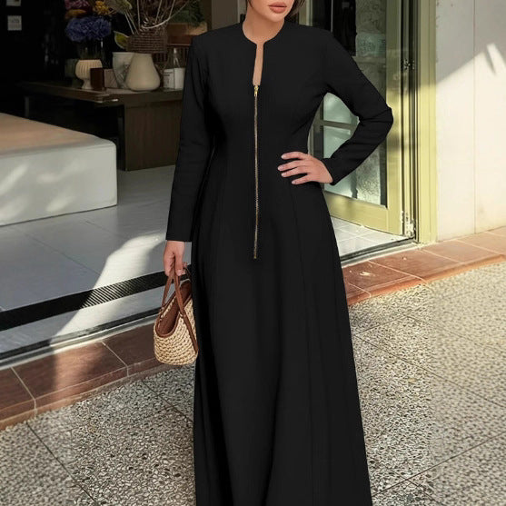 Women Clothing A line Dress round Neck Long Sleeve Zipper Pocket Maxi Dress Simple Elegant by Ragazza
