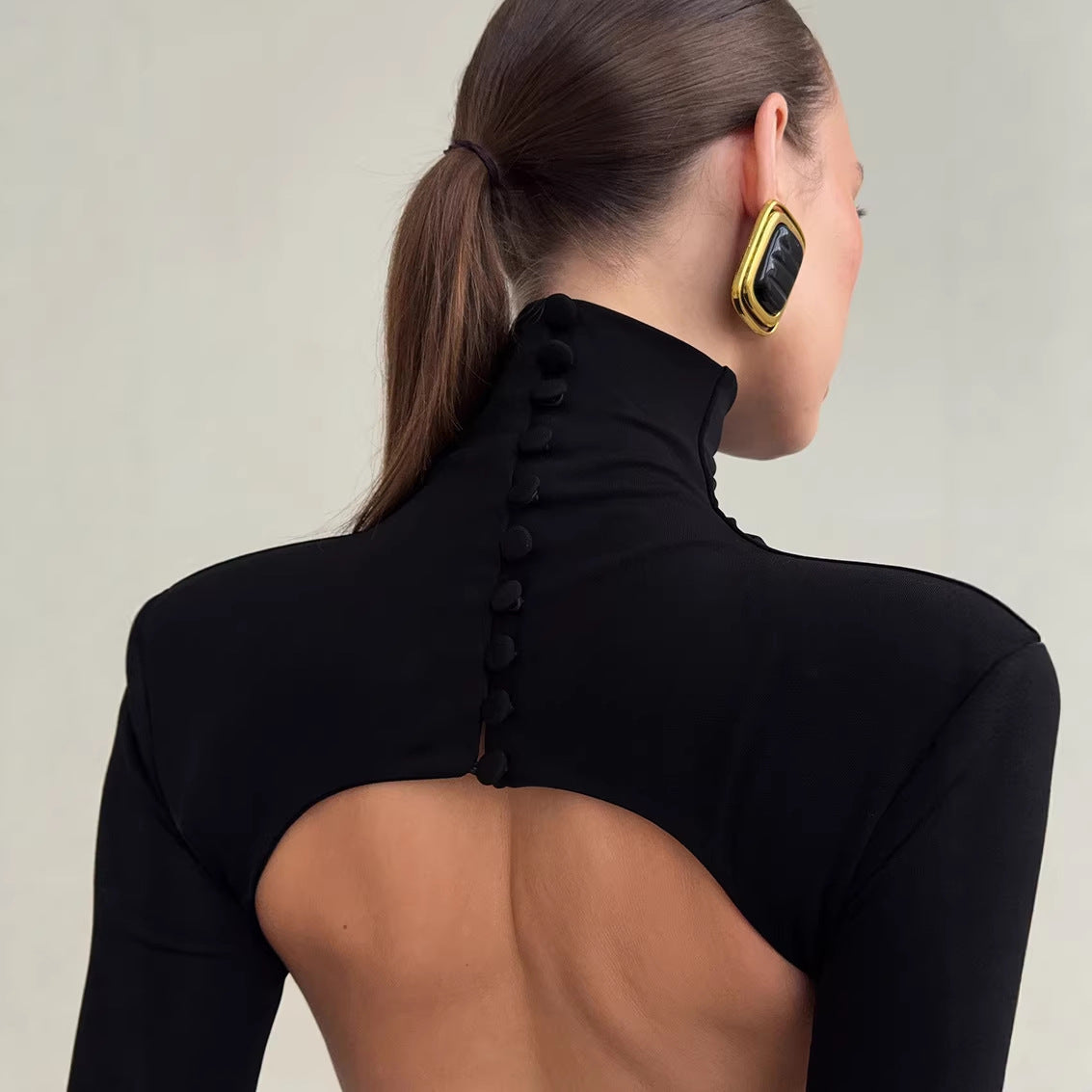 Spring Elegant Black Sexy Backless Knitted Slim Fit Long Sleeved Turtleneck Dress for Women by Ragazza