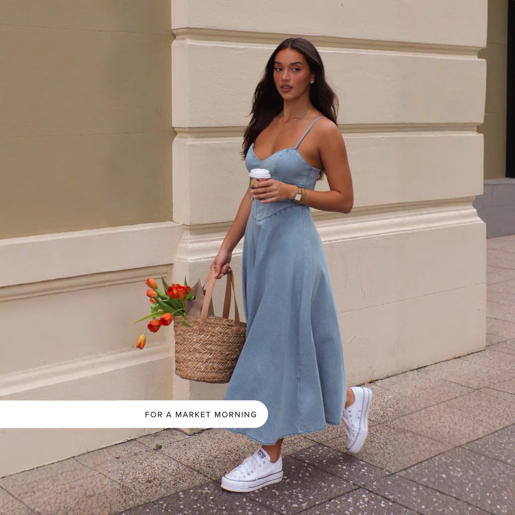 Summer Women Collection Sleeveless Spaghetti Straps Slimming Imitation Denim Dress by Ragazza