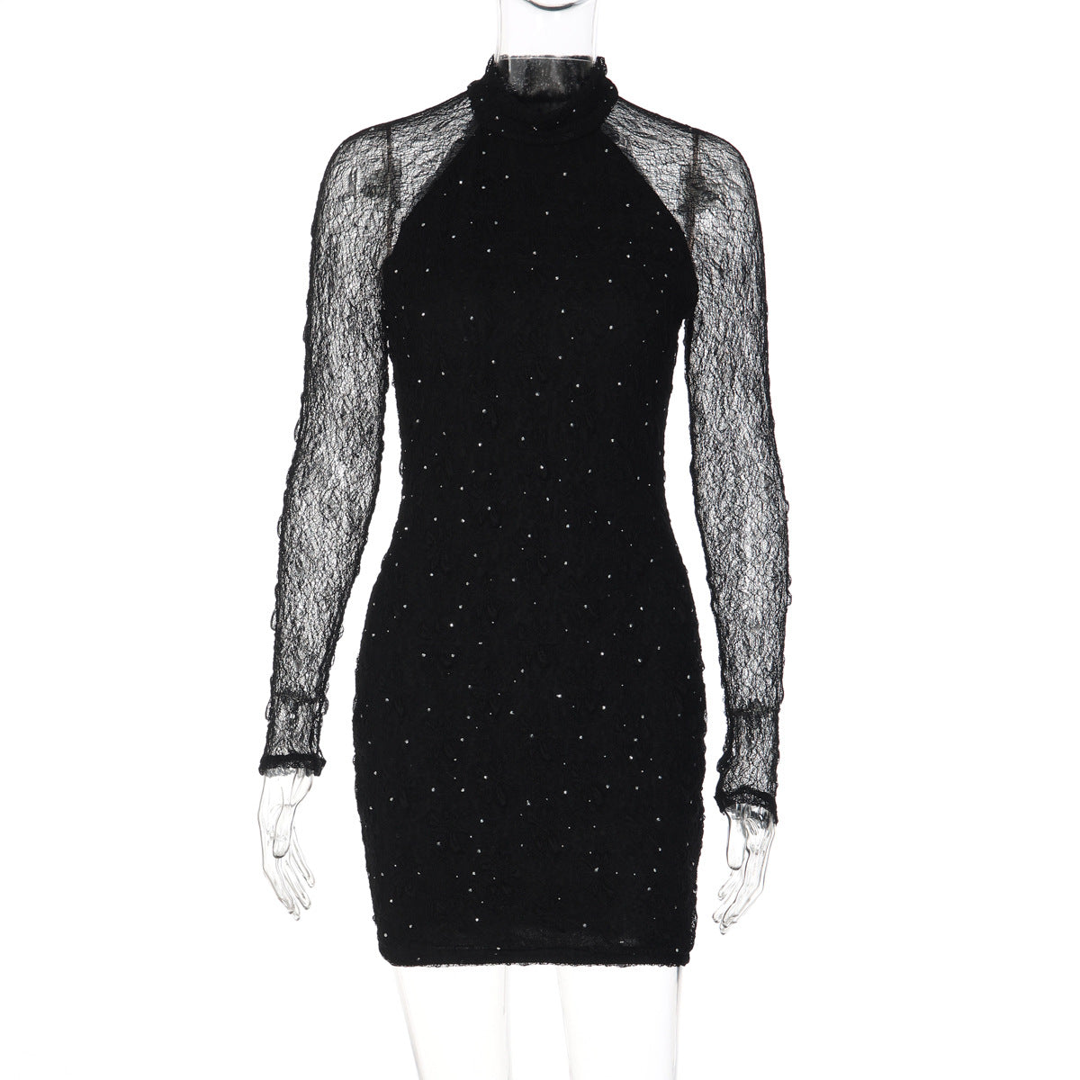 Women Winter Sexy Slim Lace Rhinestone Sheath Long Sleeve Dress by Ragazza