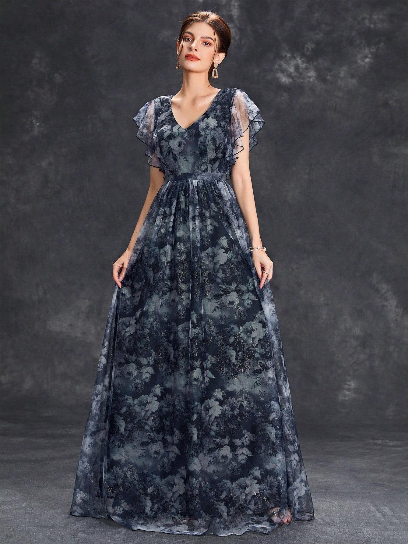 Evening Dress V neck Printed Mesh Ruffled Large Swing Party Dress Bridesmaid Dress Dance Dress Spring A Line by Ragazza