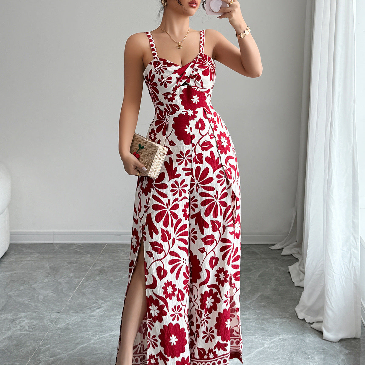 Spring Summer Elegant Twist Print Sling Wide Leg One Piece Long Pants Women Clothing by Ragazza
