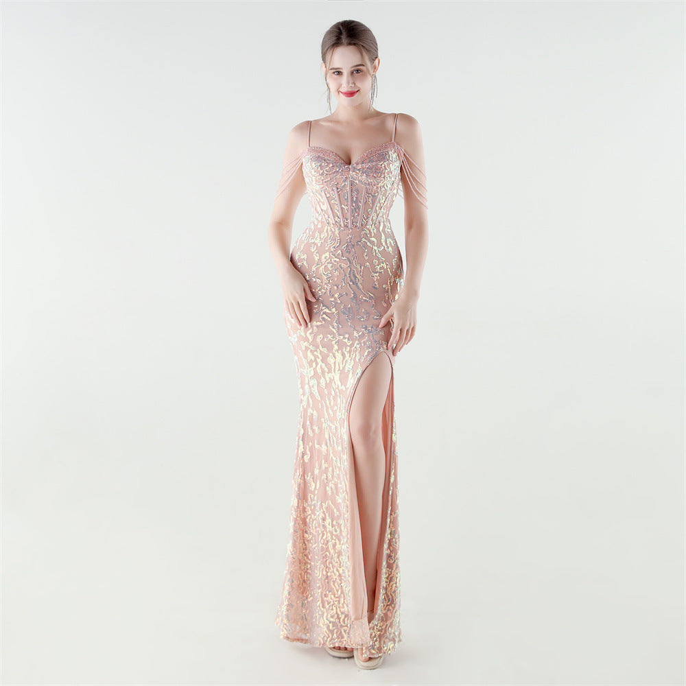Heavy Industry Sequin Beaded Boning Corset Waist Tight Evening Dress by Ragazza