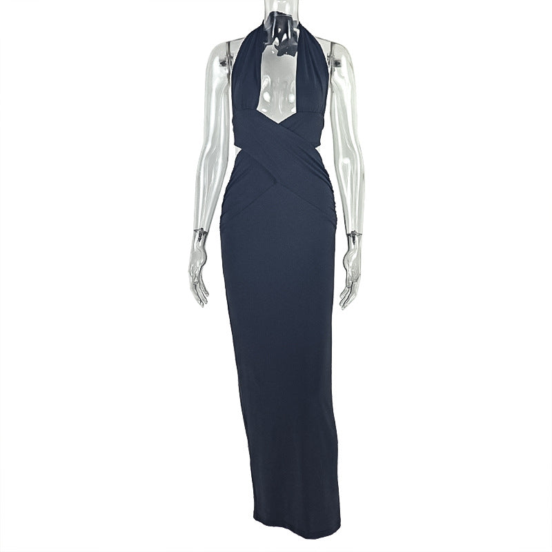 Street Solid Color Women Clothing Ruffle Hip One Step Low Cut Slim Fit Halter Slimming Maxi Dress by Ragazza