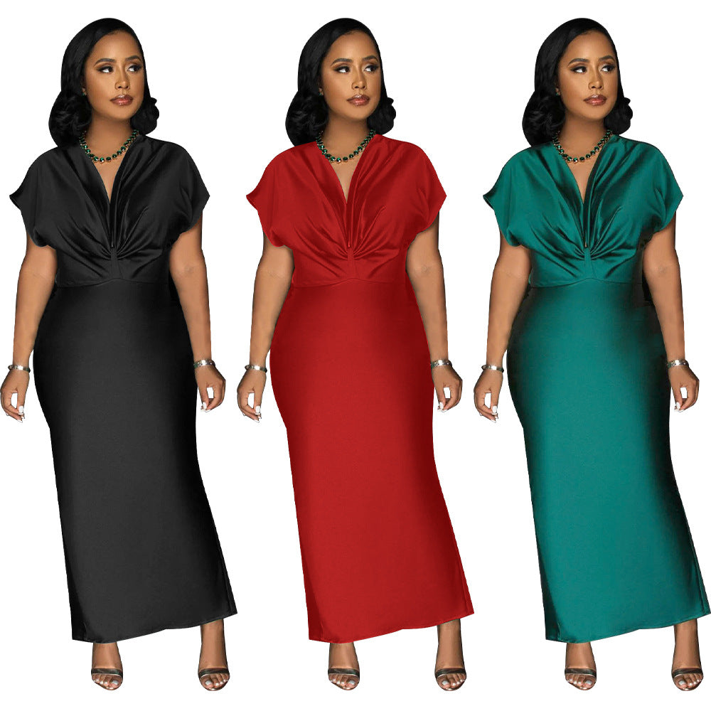 Women Wear V neck Short Sleeve Elegant Slim Back Slit Dress by Ragazza