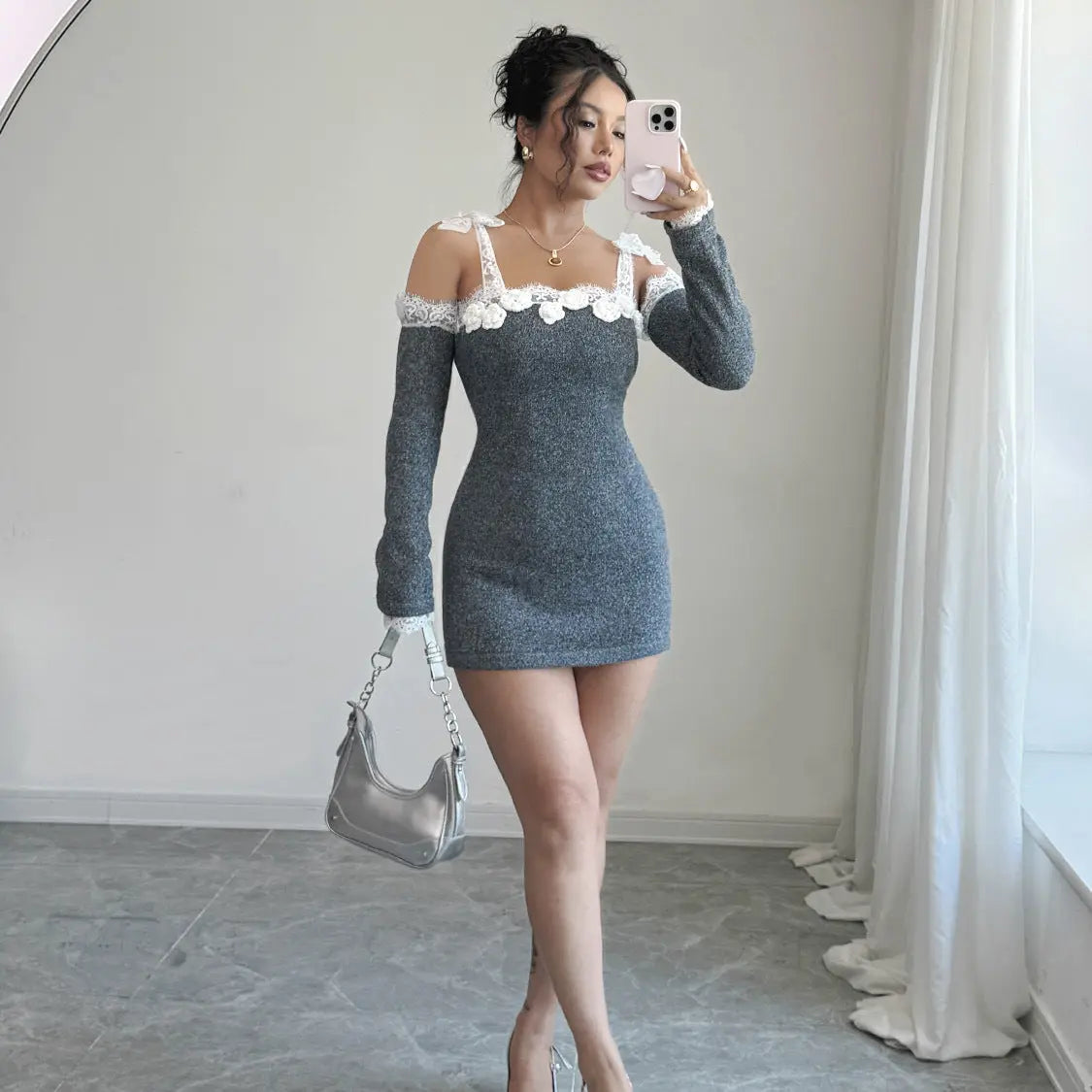 Lace Dress Stitching Hand Crocheting off Shoulder Dress Oversleeves Separated Type Knitted Dress Women Clothing Woolen Dress