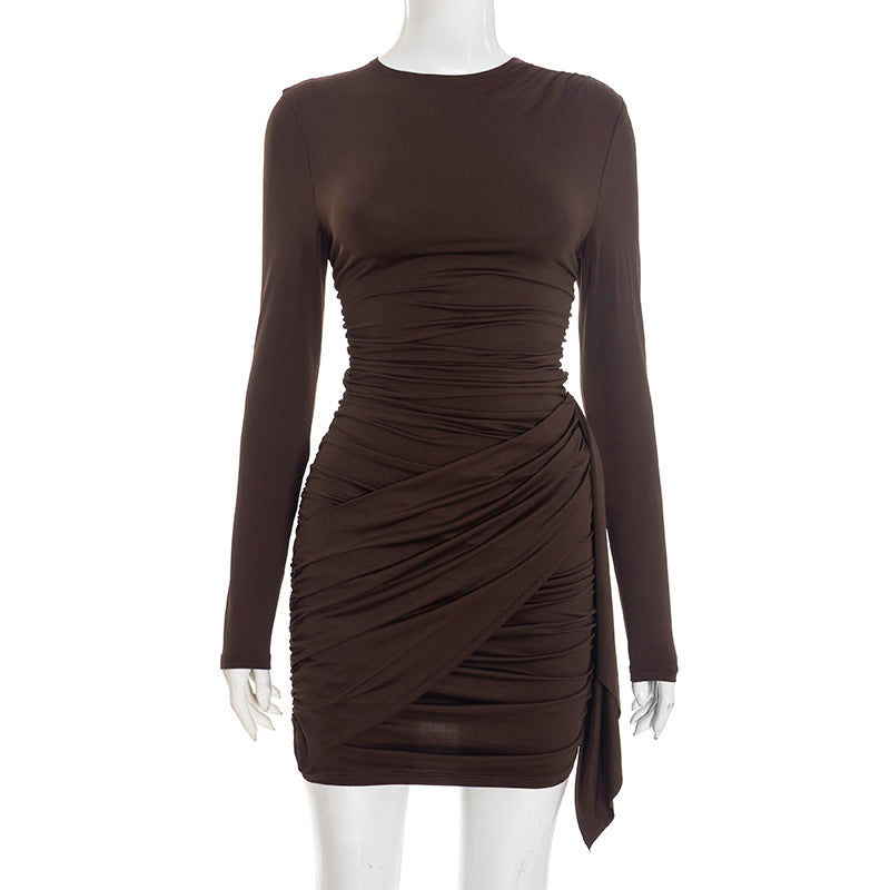 Women Clothing Autumn Winter Solid Color Pleated Streamer Long Sleeve Sheath Slim Short Dress by Ragazza