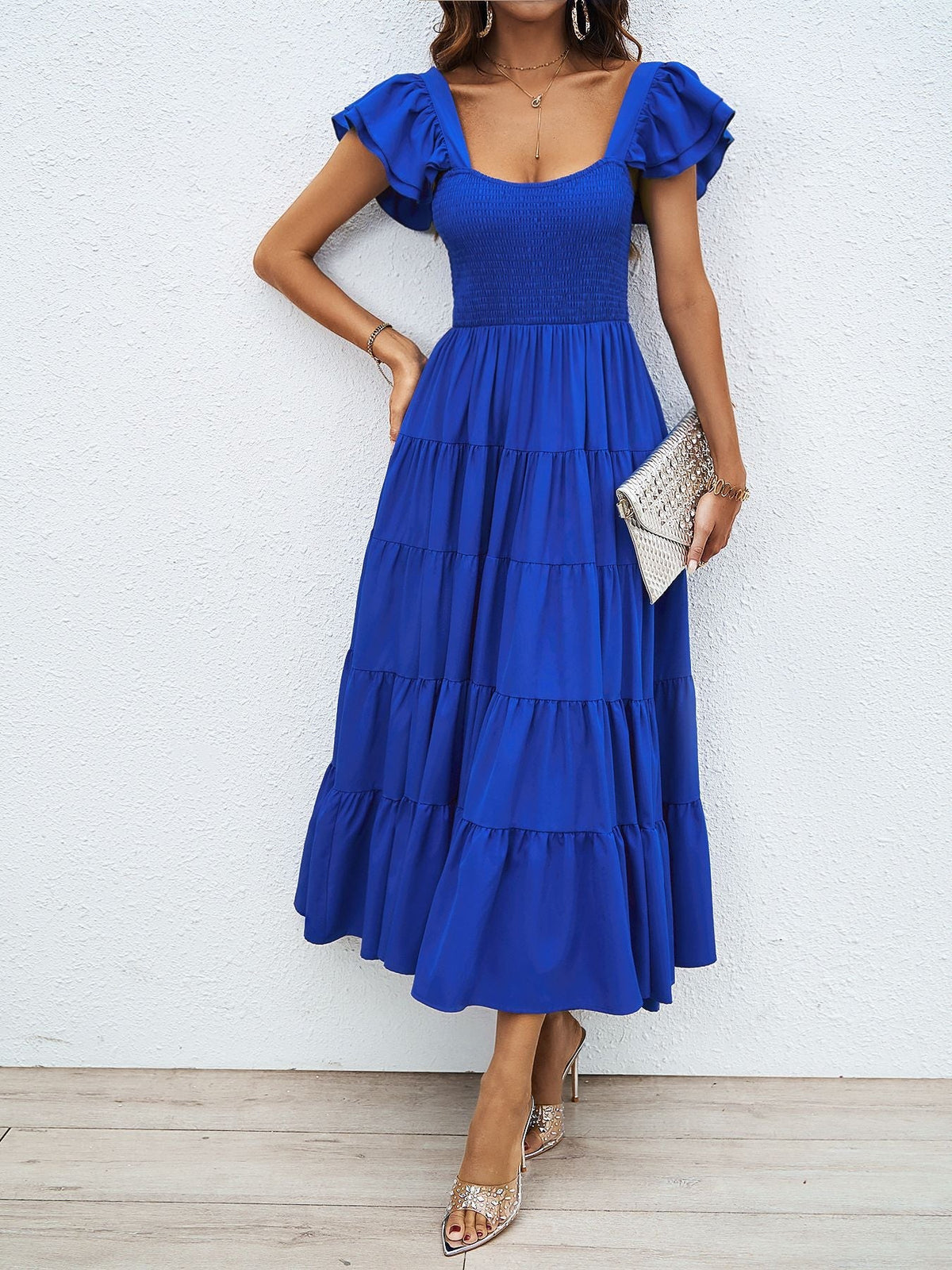 Square Collar Printing Pleated Ruffle Sleeve Elegant Bohemian Printing Dress DestGlow