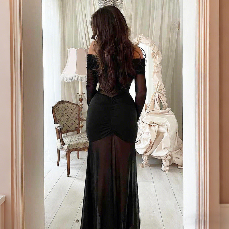 Autumn Winter Women Clothing Sexy Mesh See through off Shoulder Slim Fit Pleated Long Sleeved Dress for Women by Ragazza