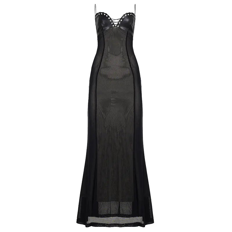 Sexy Elegant Lace up Chest Cover Eyelet Halter Dress Mesh Leather Slim Fit Patchwork Hip Wrapped Dress