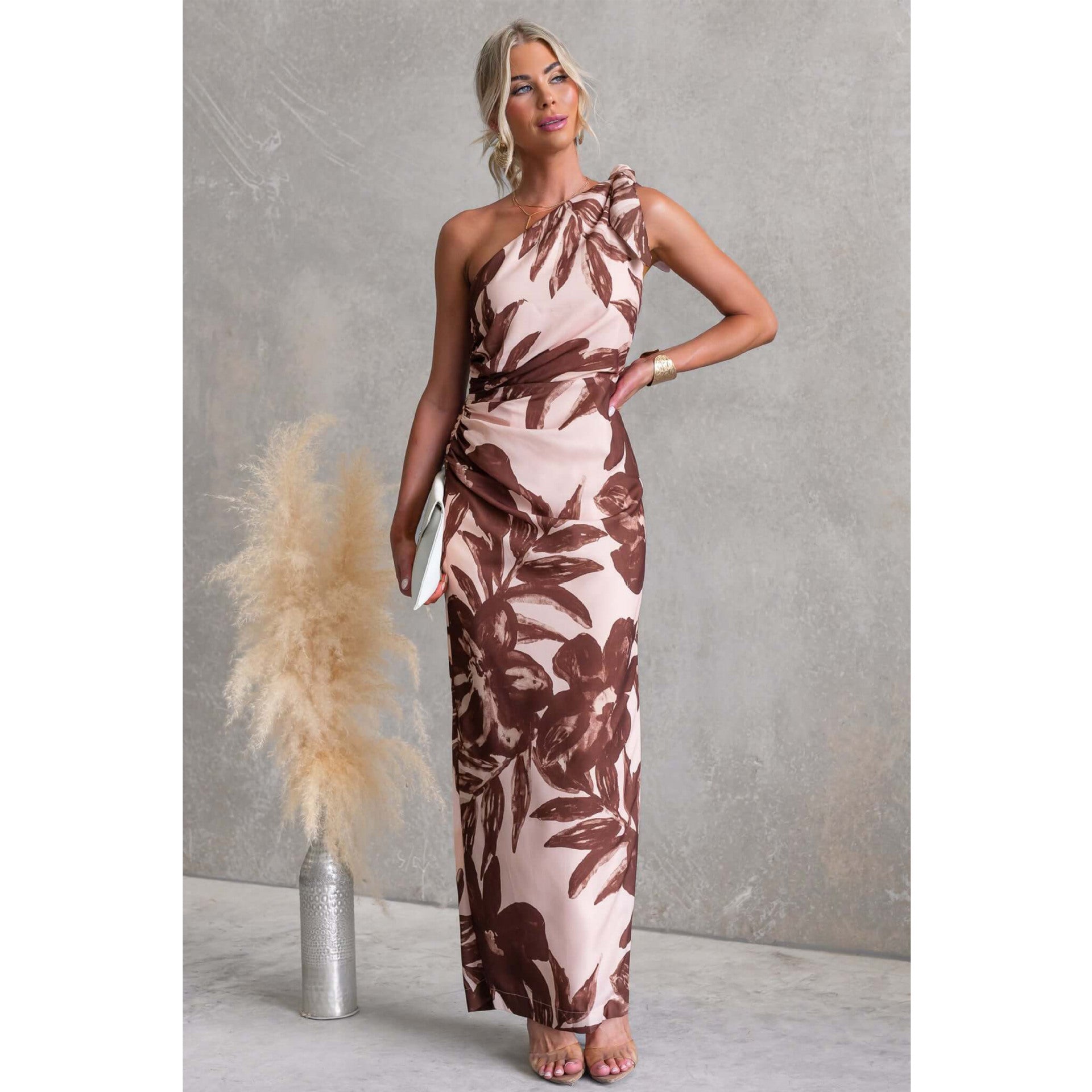 Spring Summer Digital Printing One Shoulder off Shoulder Cocktail Midi Dress DestGlow