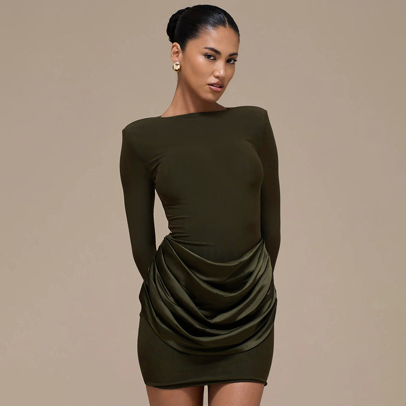 Women Clothing Autumn Winter Solid Color Elegant Casual Slim Fit round Neck Long Sleeves Pleated Short Dress by Ragazza
