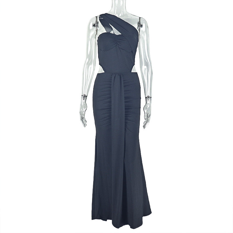 Elegant Women Pleated Solid Color Slim Hip One Shoulder Sexy Sleeveless Maxi Dress by Ragazza