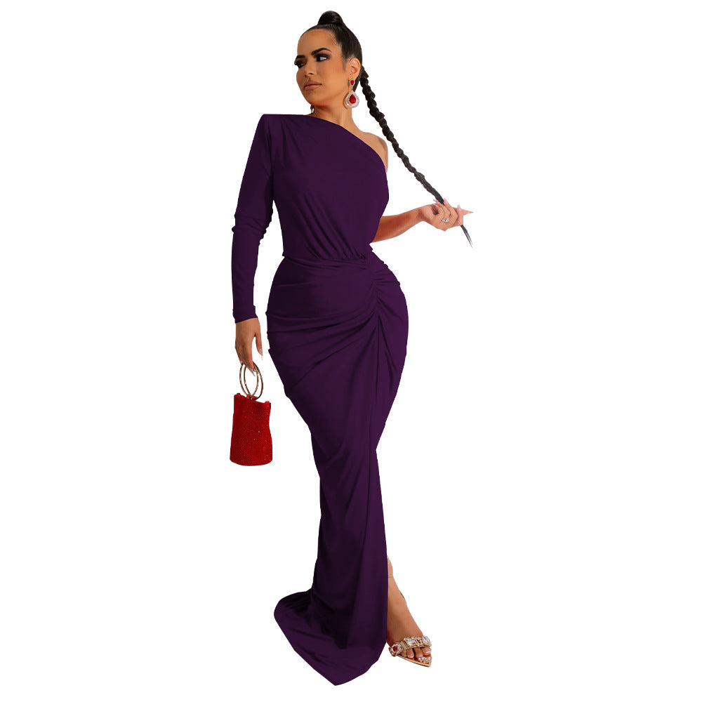 Women Clothing Autumn Oblique Shoulder Pleated Solid Color Dress Maxi Dress by Ragazza
