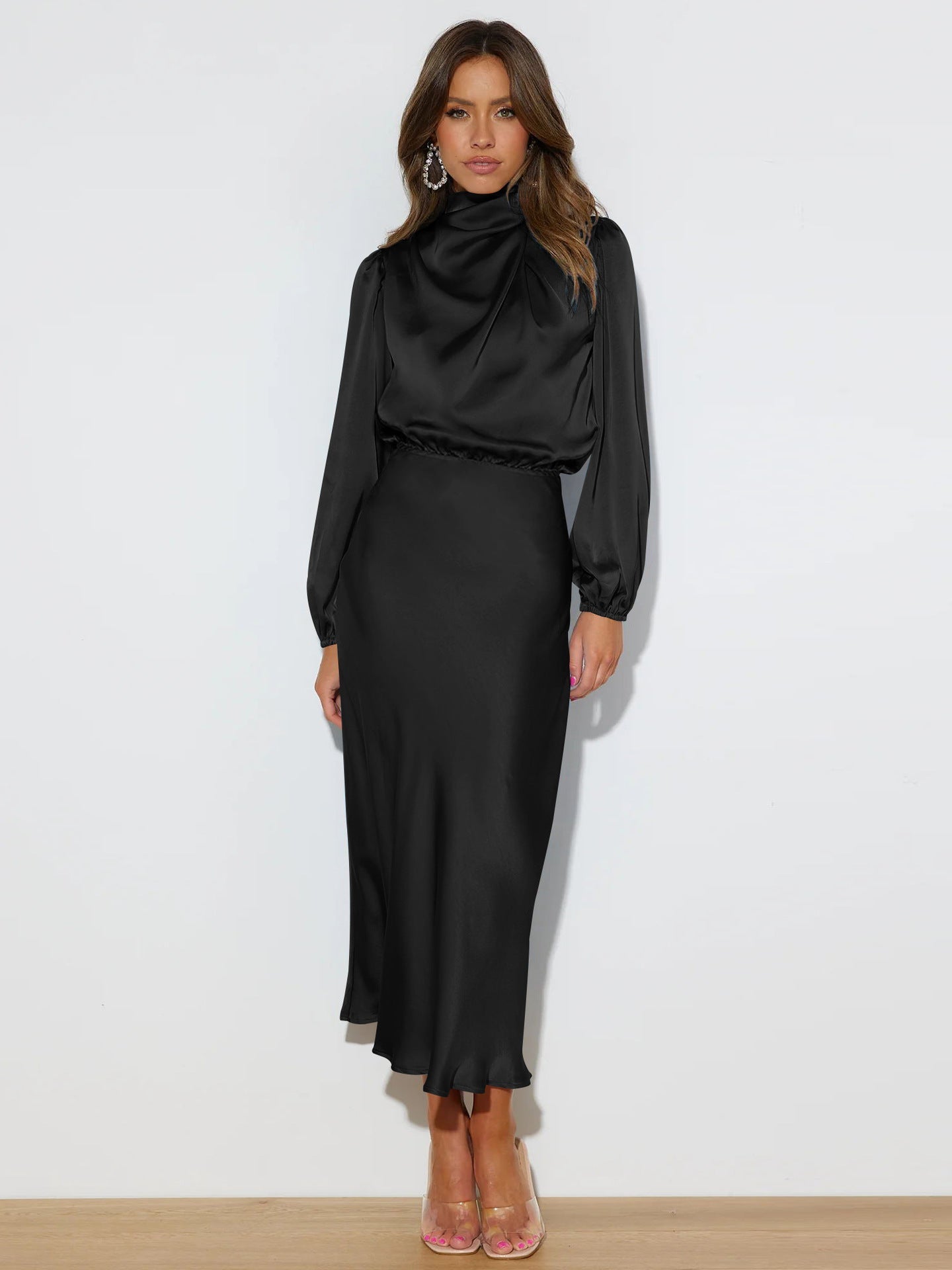 Autumn High Grade Satin Long Sleeve Loose Dress Elegant Women Evening Dress by Ragazza