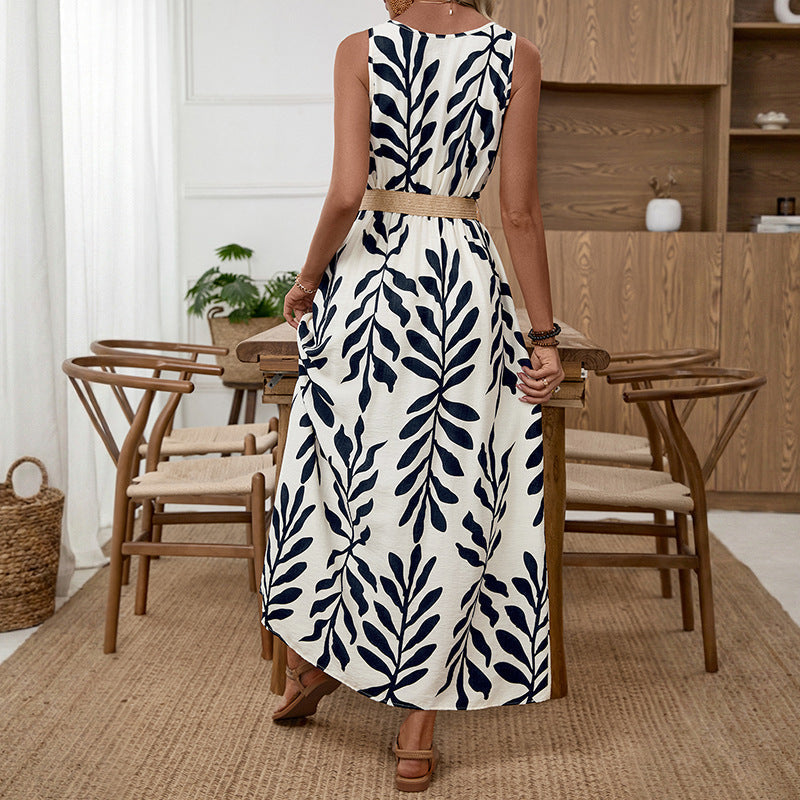 Vacation Maxi Dress with Belt Sleeveless Leaf Printed Dress DestGlow