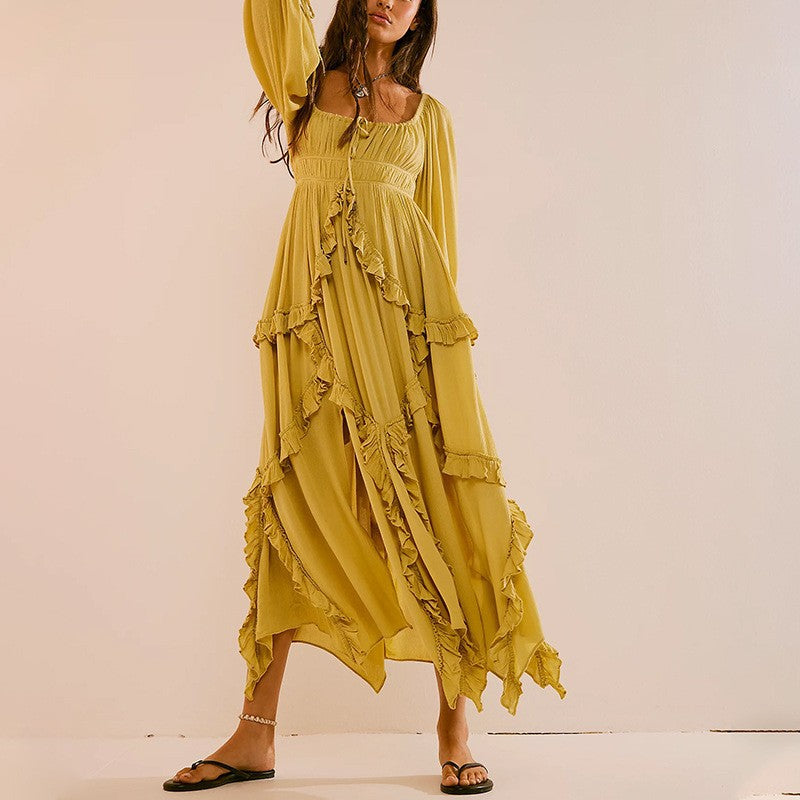 Fall U Collar Ruffled Lace Patchwork Slit Gentle Large Swing Dress Dress by Ragazza