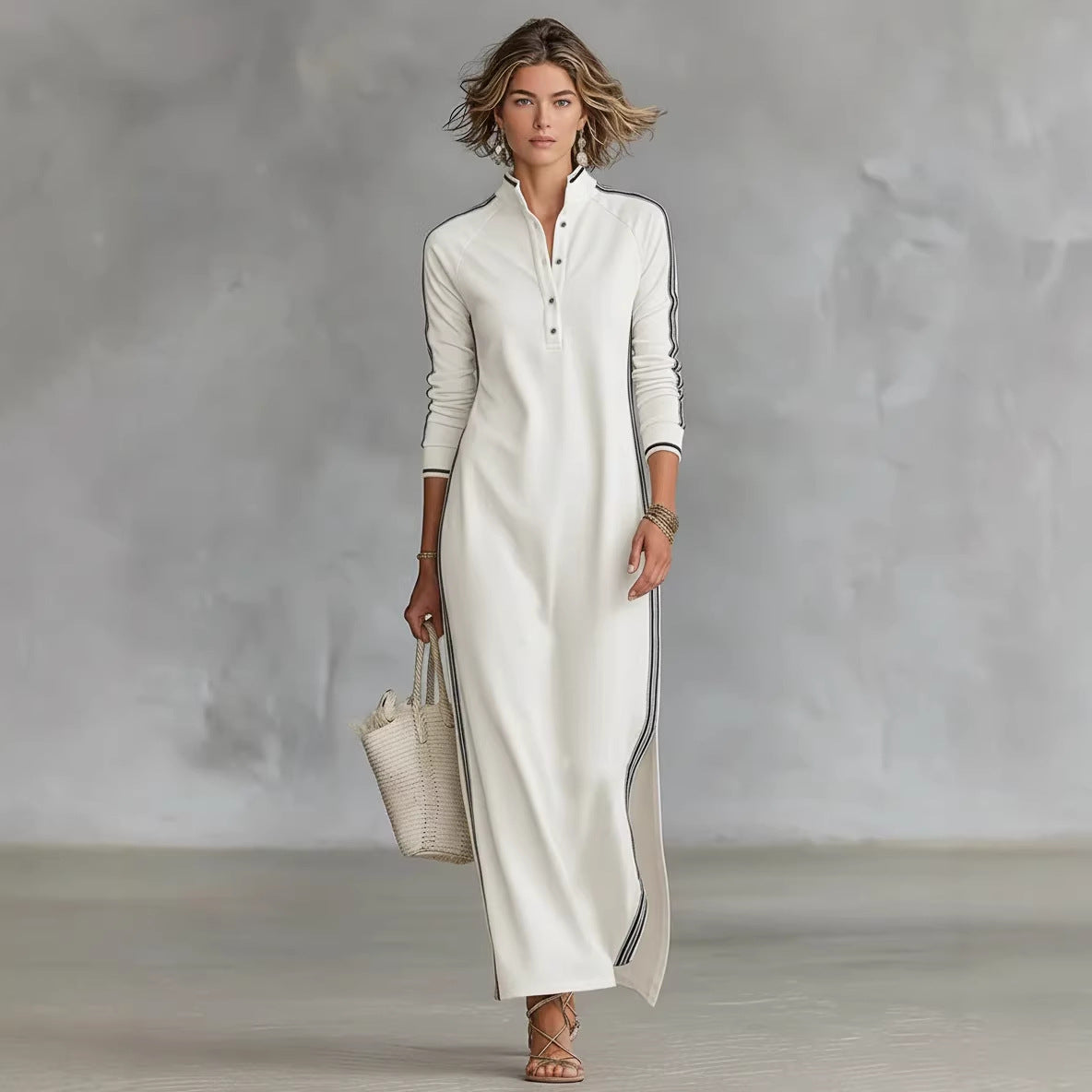 Ladies Simple White Piping Collar Decorated with Buttons Sweater Dress DestGlow