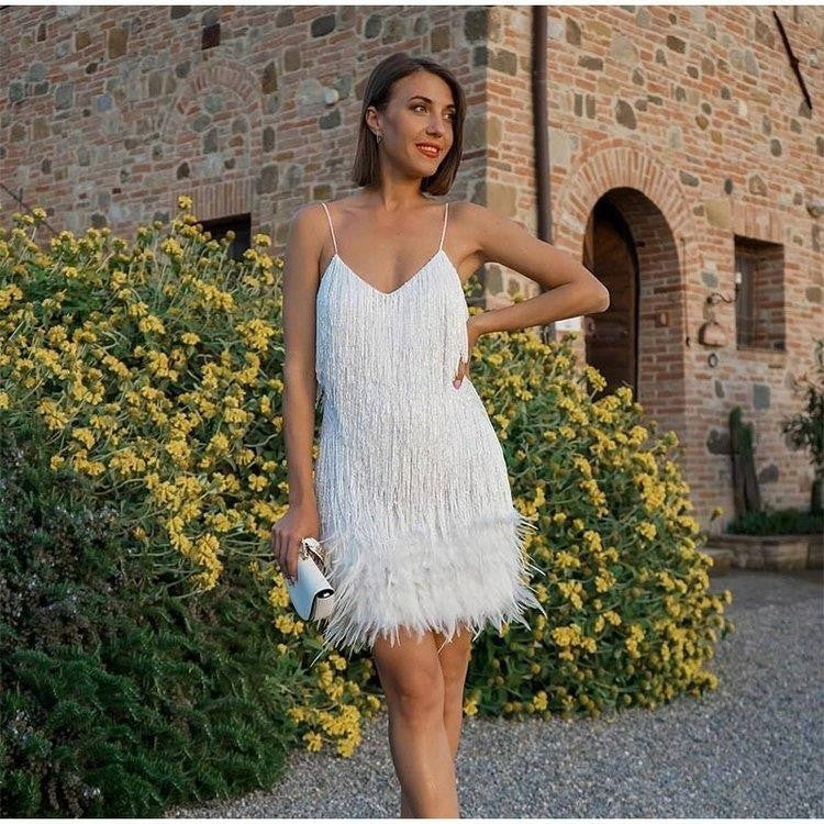 Tassel Sequ Multi Color Birthday Party Sexy V neck Strap Feather Stitching Gown Dress by Ragazza