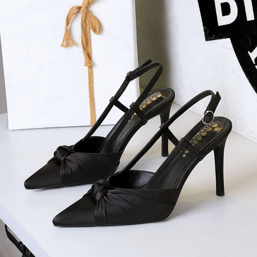 Cocktail Satin Bow Stiletto Heel High Heel Shoes Pointed Shallow Mouth Back Empty Closed Toe Shallow Mouth Pumps DestGlow