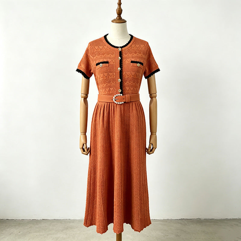 Maxi Dress Summer Elegant Socialite Retro Cinched Slimming Short Sleeves Knitted Dress for Women DestGlow