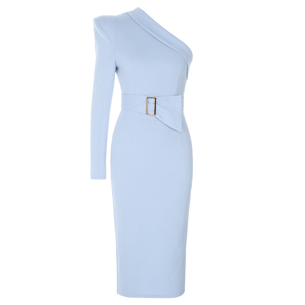 Simple Sexy Oblique Shoulder Irregular Asymmetric Belt Back Slit Slim Dress Women by Ragazza