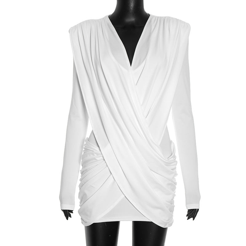 Women Autumn Winter Sexy Solid Color Long Sleeve Deep V Plunge neck Slim Sheath Dress by Ragazza