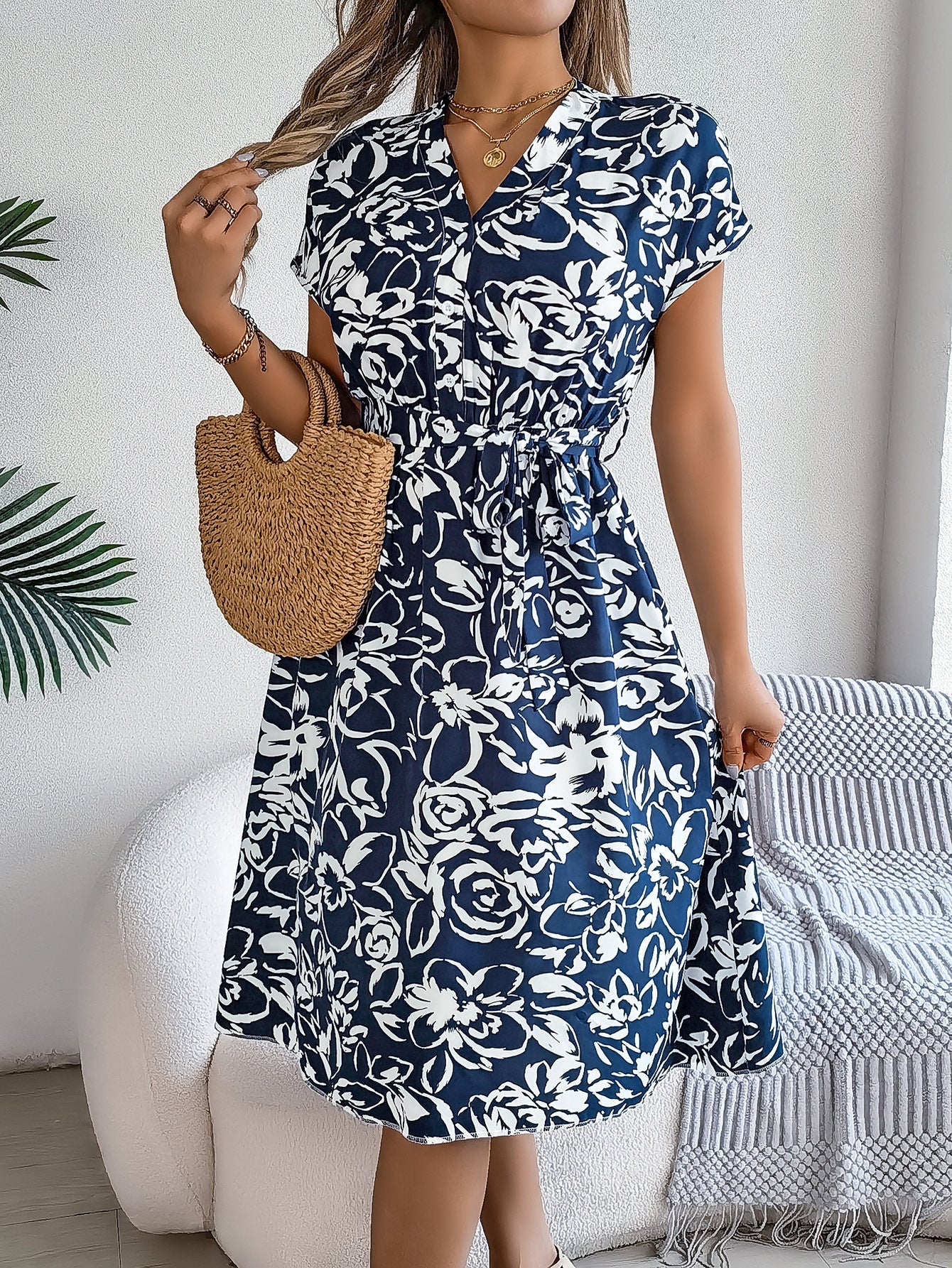 Spring Summer Casual V neck Buttons Batwing Sleeve Floral Swing Dress Women Clothing by Ragazza