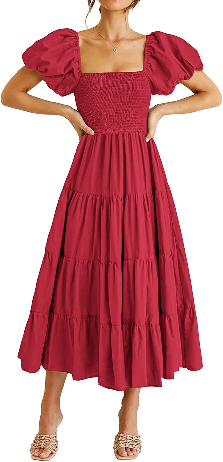 Summer Women Clothing Square Collar Backless Puff Sleeve Pleated Short Sleeves Dress by Ragazza
